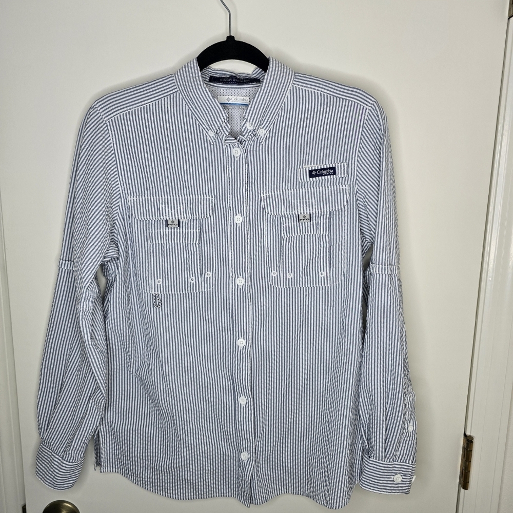 Columbia Super Bahama Women's Blue and White Striped Button Down Shirt XS